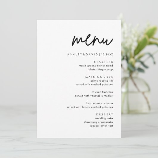 Cartes de menu minimaliste Mariage | Menu Réceptio (Debout devant)