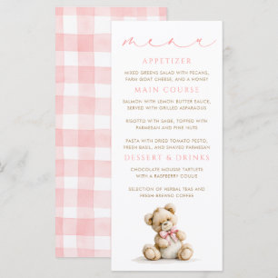 Cartes de menu Ourson en gingham rose