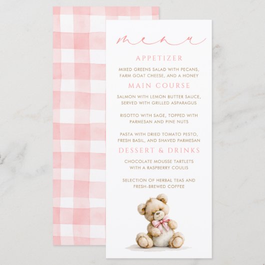 Cartes de menu Ourson en gingham rose (Devant / Derrière)