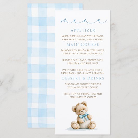 Cartes de menu Ourson motif Gingham bleu (Devant / Derrière)