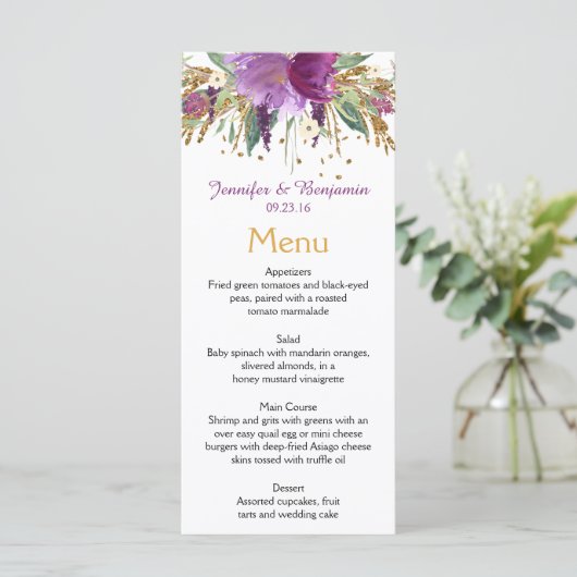 Cartes de menu Purple Amethyst Gold Watercolor (Debout devant)