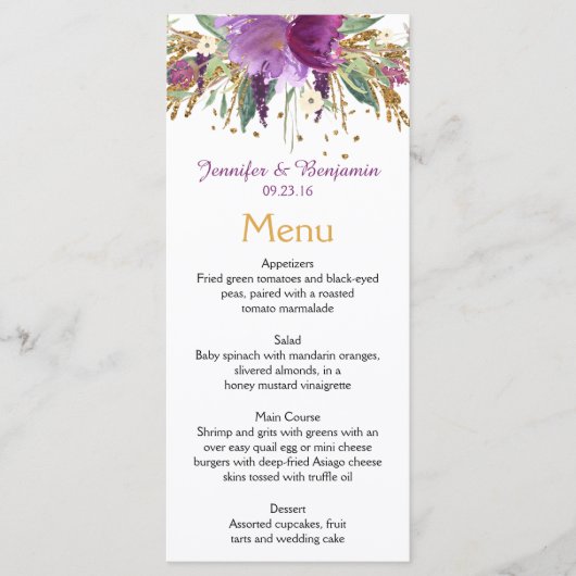 Cartes de menu Purple Amethyst Gold Watercolor (Devant)