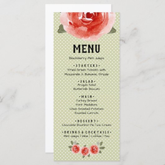 Cartes de menu Roses rouges sur chaux et points bl (Devant / Derrière)