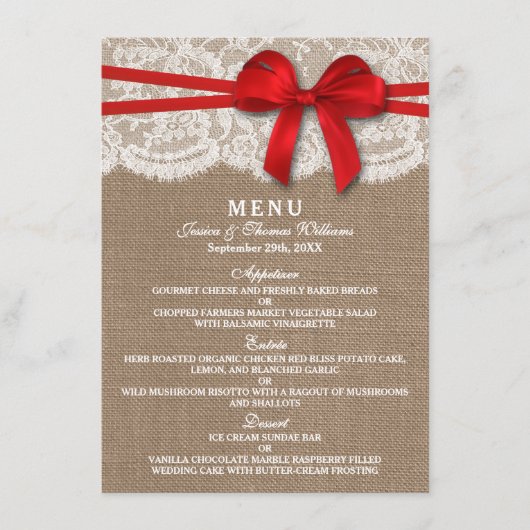 Cartes de menu Rustic Red Bow Mariage Collection (Devant)