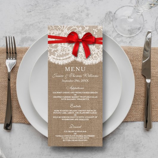 Cartes de menu Rustic Red Bow Mariage Collection