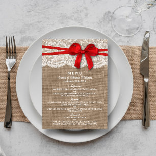 Cartes de menu Rustic Red Bow Mariage Collection