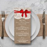 Cartes de menu Rustic Red Bow Mariage Collection<br><div class="desc">La collection rustique de mariage d'arc rouge est un design époustouflant avec un joli arrière - plan rustique effet burlap avec un cadre romantique vintage effet dentelle blanche et un arc rouge étonnant. Ces menus peuvent être personnalisés pour vos occasions spéciales et rendraient le modèle parfait pour les menus mariages,...</div>