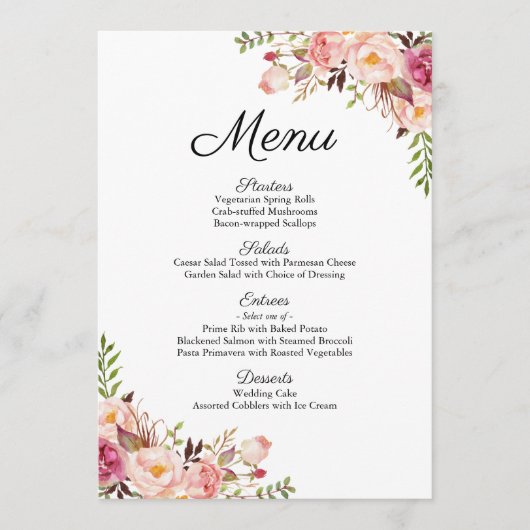 Cartes de menu Rustic Rose Floral Mariage (Devant)