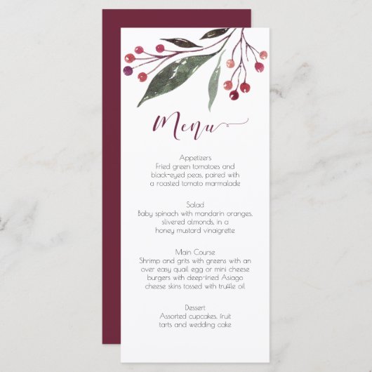 Cartes de menu Rustique Aquarelle Bourgogne (Devant / Derrière)