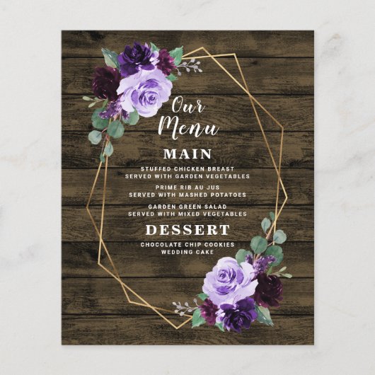 Cartes de menu Rustique Floral Purple et Mariage G (Devant)