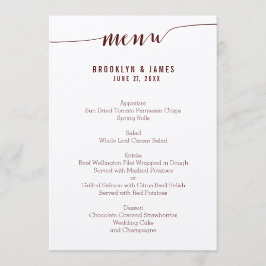 Cartes De Menu Simple Mariage Bourgogne Sur Papier (Devant)