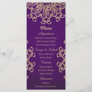 Cartes de menu violet et or indien