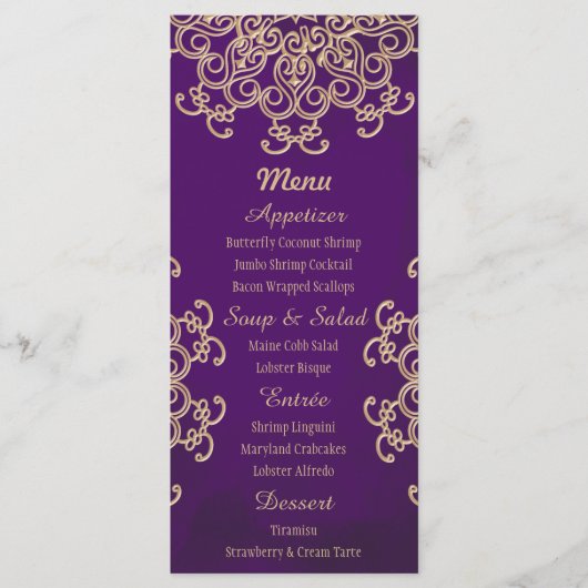 Cartes de menu violet et or indien (Devant)