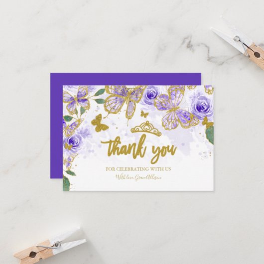 Cartes de Merci aux papillons Quinceanera (Devant/Arrière en situation)