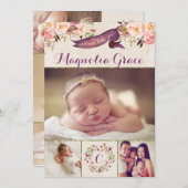 Cartes de naissance pour bébé fille aux motifs flo (Devant / Derrière)