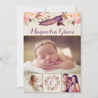 Cartes de naissance pour bébé fille avec motifs fl