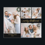 Cartes de Noël à collage photo Budget Chic Script<br><div class="desc">Budget, Minimaliste, Élégant Calligraphie Écriture Noire et Or 5 Photo Collage "Joyeux Noël" Écriture Carte de Fêtes Mince. Ce modèle de carte de vœux de fêtes simple, festif et fantaisiste à cinq (5) photos (sur le devant 4 photos et au dos 1 photo) présente une jolie grille de collage de...</div>