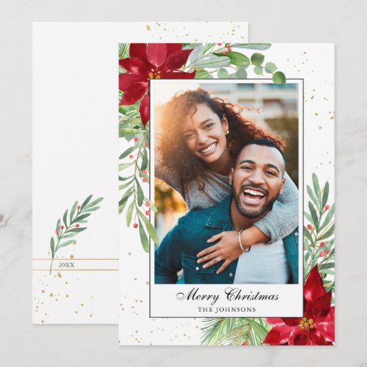 Cartes de Noël à l'aquarelle avec verdure et poins (Devant / Derrière)