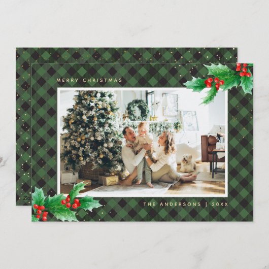 Cartes de Noël à photo Holly de Buffalo Vert (Devant / Derrière)