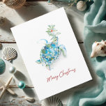 Cartes de Noël Aquarelle côtière Tortue de mer<br><div class="desc">Ces cartes de Noël de plage présentent une tortue de mer tropicale dans les tons turquoise et bleu. Les mots Joyeux Noël sont placés dans une typographie de script rouge gratuite. La carte s'ouvre pour révéler vos souhaits de bienvenue personnalisés. Personnalisez avec votre nom. Un choix festif pour des vacances...</div>