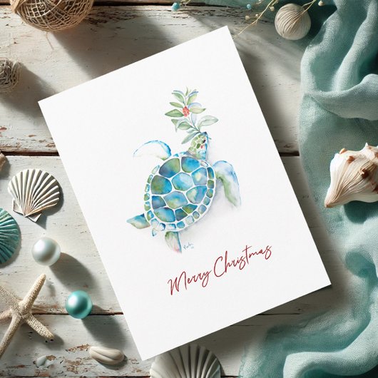 Cartes de Noël Aquarelle côtière Tortue de mer