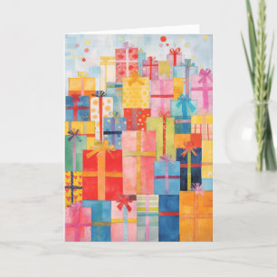 Cartes de Noël avec des piles de cadeaux emballés