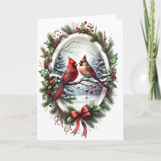 Cartes de Noël Cardinal Cerf Rouge Houx Neigeux Fo (Devant)