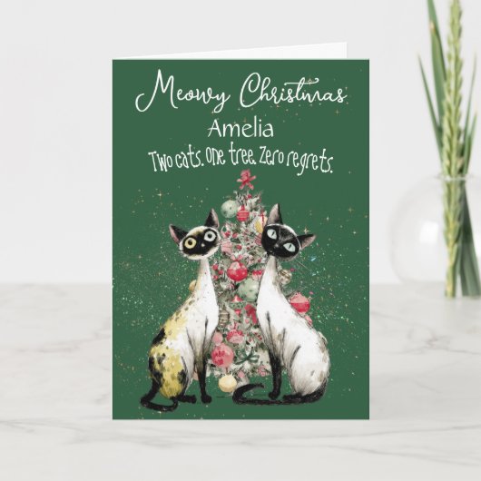 Cartes de Noël de chats siamois devant un arbre (Devant)