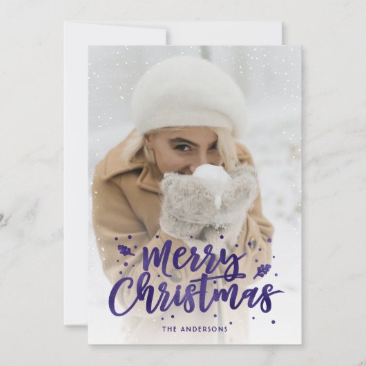 Cartes de Noël de photos de neige violette Script (Devant)