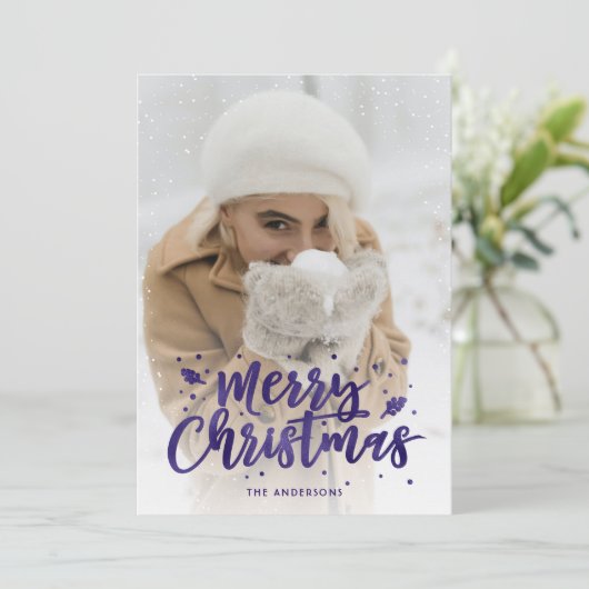 Cartes de Noël de photos de neige violette Script (Debout devant)