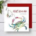 Cartes de Noël de plage Aquarelle Crâne bleu<br><div class="desc">Ces cartes de Noël de plage sont dotées d'un crabe bleu aquarelle unique avec des lumières de vacances. Les mots "Merry Beach-mas" sont placés dans la typographie de script amusante. Utilisez les champs modèle pour ajouter votre salutation personnalisée. Commandez des cartes de Noël imprimables, des petites commandes ou des cartes...</div>