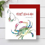 Cartes de Noël de plage Aquarelle Crâne bleu<br><div class="desc">Célébrez la saison avec ces cartes de Noël de plage avec un crabe bleu aquarelle festif enveloppé de lumières de vacances colorées. Le message joyeux "Merry Beach-mas" est affiché dans la typographie de script ludique, faisant de ces jolies cartes de Noël une tournure amusante et côtière sur les cartes de...</div>