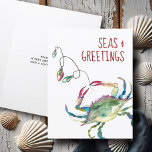 Cartes de Noël de plage Crabe d'aquarelle côtière<br><div class="desc">Ces cartes de Noël de plage sont ornées d'un charmant crabe aquarelle aux lumières de vacances dans les tons rouge, vert, bleu et turquoise sur un arrière - plan blanc immaculé. Les mots Mer et Salutations sont placés dans un joli type rouge. La carte s'ouvre pour révéler une couleur rouge...</div>
