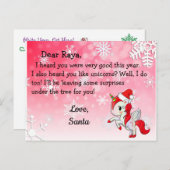 Cartes de Noël du Père Noël : Licorne rouge au cha (Devant / Derrière)