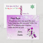 Cartes de Noël du Père Noël : Licorne Violette ave (Devant / Derrière)