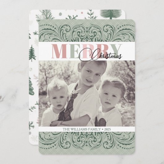 Cartes de Noël Elegant Vert & Rose (Devant / Derrière)