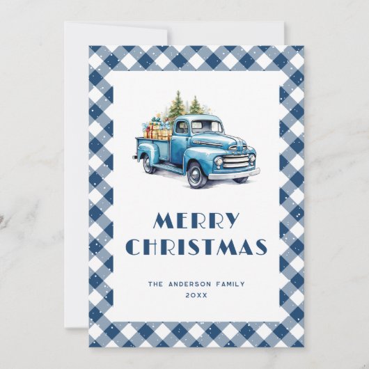 Cartes de Noël Joyeuses Camion Bleu à Carreaux dan (Devant)