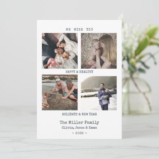 Cartes de Noël machine à écrire texte multiphotos (Debout devant)