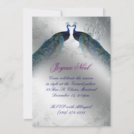 Cartes de Noël Peacock Invitation Blue Silver Joie (Devant)