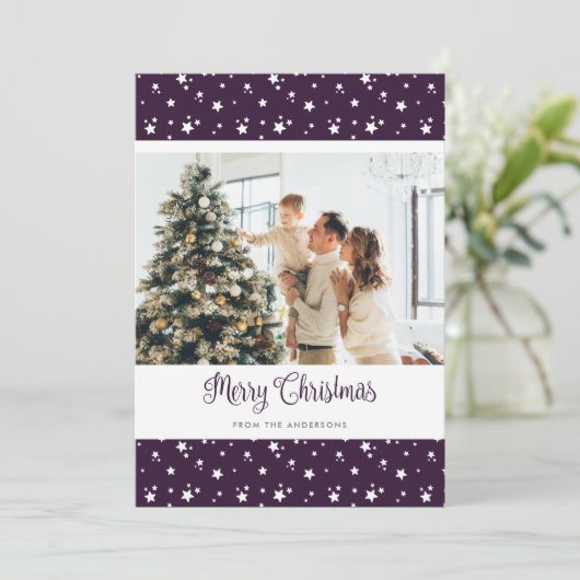 Cartes de Noël personnalisées violet photo Joyeux (Debout devant)