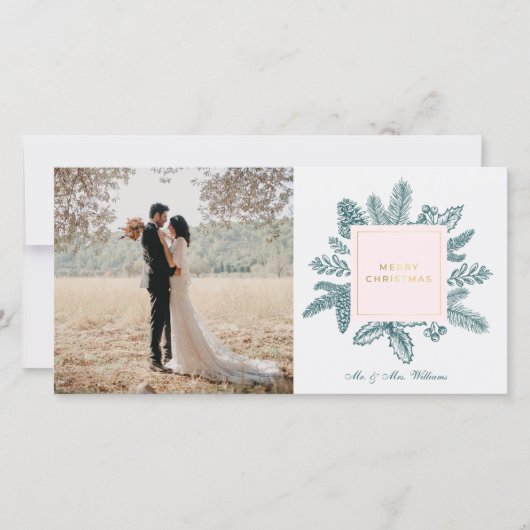 Cartes de Noël photo Floral Bleu Canard | Joyeux N (Devant)