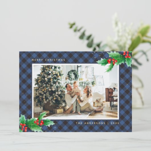 Cartes de Noël photo Holly Plaid de Buffalo Bleu (Debout devant)