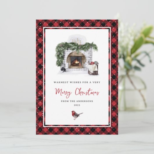 Cartes de Noël Rouge Plaid Aquarelle Chaleureuse (Debout devant)