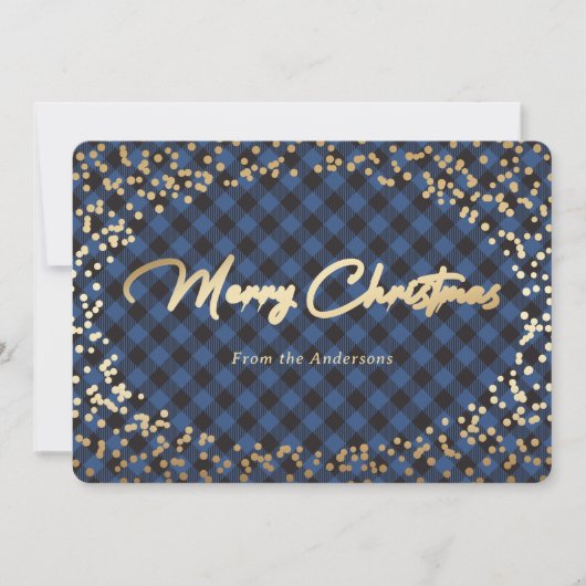 Cartes de Noël simples Bleu Plaid Or (Devant)