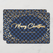 Cartes de Noël simples Bleu Plaid Or (Devant / Derrière)