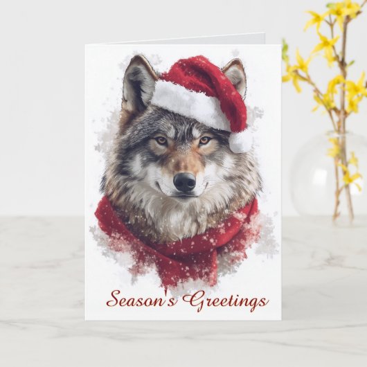 Cartes de Noël Wolf in Santa Hat (Fleur jaune)