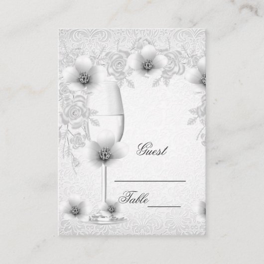 Cartes de nom de mariage Fleur de rose argentée bl (Devant)