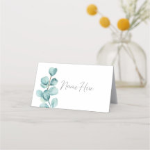 Cartes de nom pliées Mariage Eucalyptus Feuille Ve