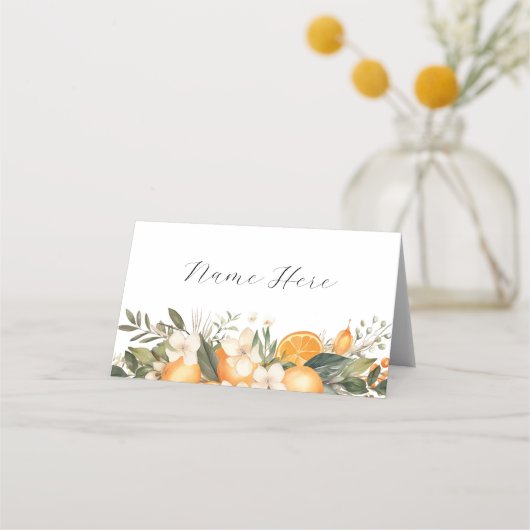 Cartes de nom pliées Oranges Mariages Florales (Devant)