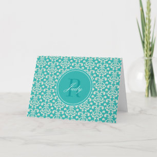 Cartes de note turquoises de monogramme de damassé